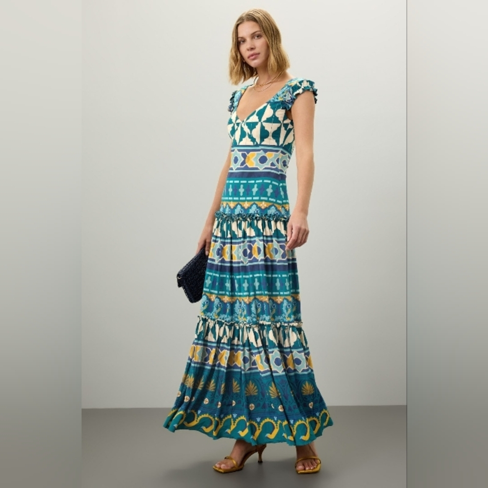 LA DoubleJ Pimento Dress, blue and green pattern, medium
